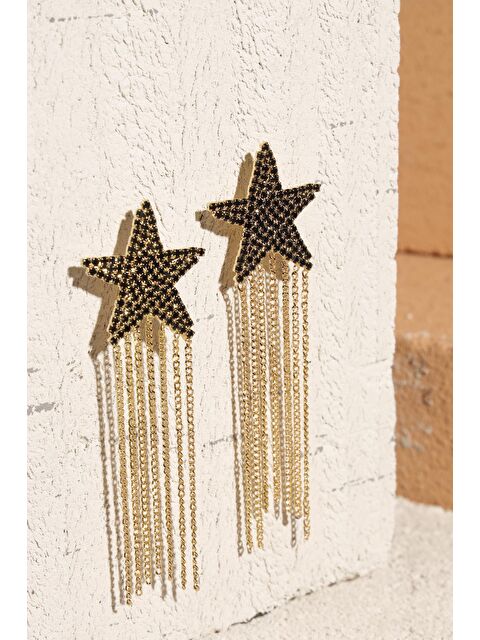 New Obsessions Taşlı Sallanan Yıldız Küpe Siyah - S000487484-37201