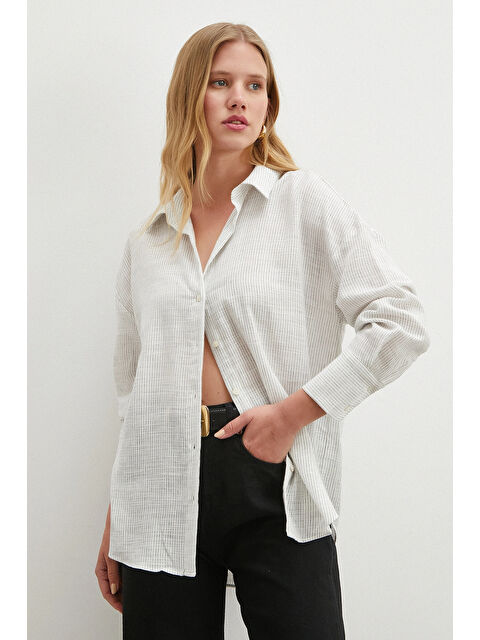 Never More Çizgili Pamuklu Gömlek Beyaz