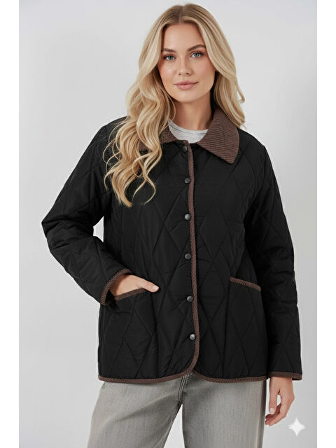 Hazelin Kadın Siyah Çıt Çıt Kapamalı Kadife Detaylı Kapitone Mont HZL25W-BD152261 - S000498989-19351