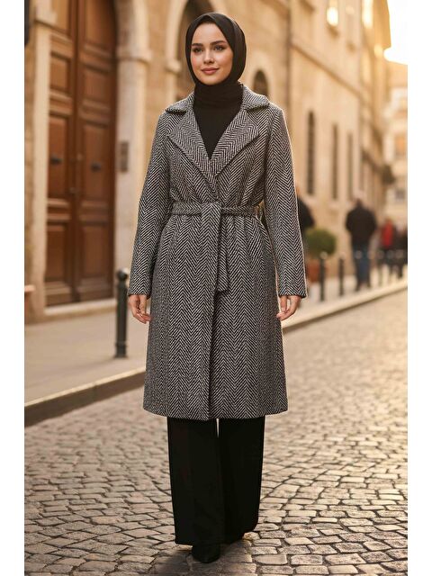 Tofisa Desenli Kuşaklı Kaşe Kaban Siyah - 28095-SIYAH - S000495269-19351