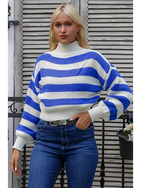 Chiccy Kadın Gece Mavisi Yarım Balıkçı Yaka Uzun Kol Çizgili Crop Regular Fit Casual Akrilik Triko Kazak - S000358801-17234