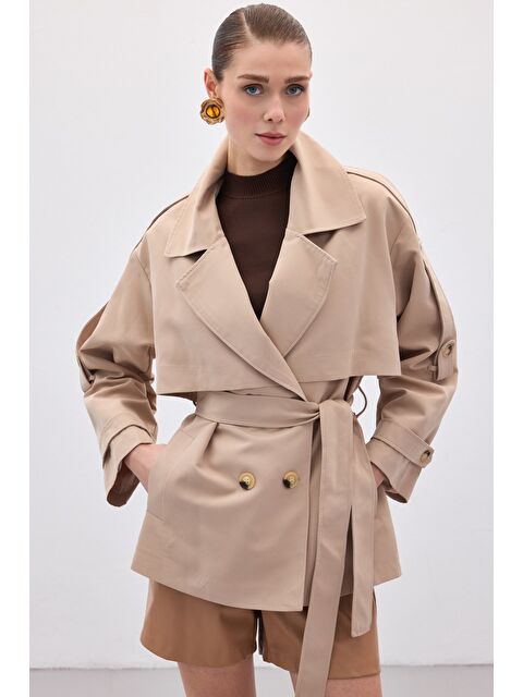 SATEEN Kısa Trençkot - Bej - S000505915-19928