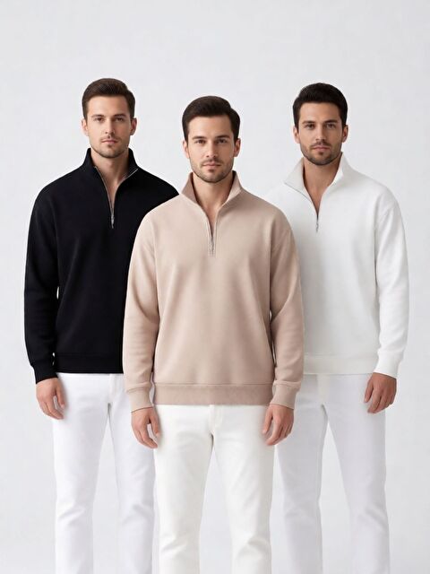 Trendseninle 3 lü Set Yarım Fermuar Sweatshirt Siyah Bej Beyaz - S000497807-23173