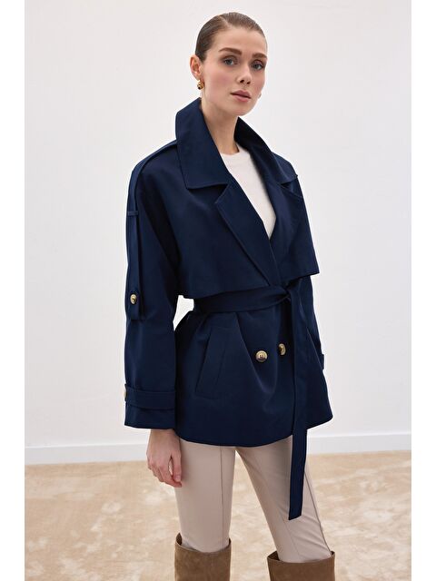 SATEEN Kısa Trençkot - Lacivert - S000505915-21164