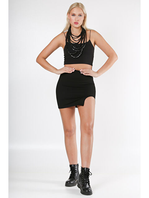 Chiccy Siyah Yırtmaçlı Dar Örme Mini Etek - S000468647-19351