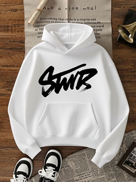 Trendseninle Unisex Erkek Kadın ST Özel Baskı Regular Kapüşonlu Sweatshirt Beyaz - S000497808-20063