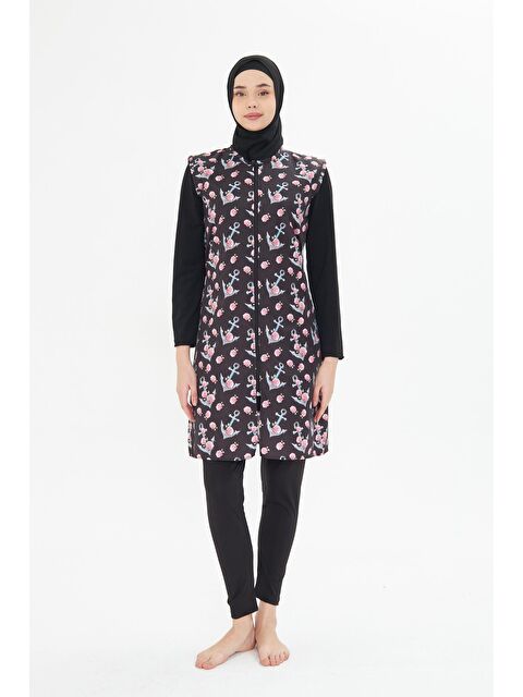 Fantasy Tam Kapalı Yelekli Desenli Paraşüt Kumaş Tesettür Mayo Siyah 3474-S