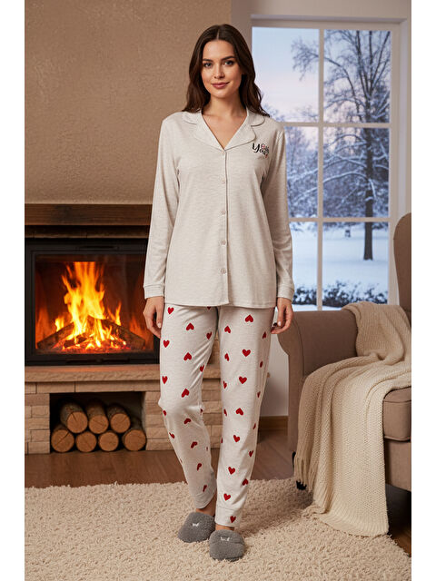 Remsa Kadın Kalp Desen Suprem Pijama Takımı 0529 Vizon05 - S000469086-9561