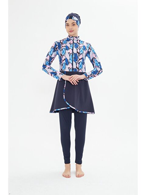 Fantasy Tam Kapalı Elastanlı Desenli Etekli Tesettür Mayo Lacivert 3481-L