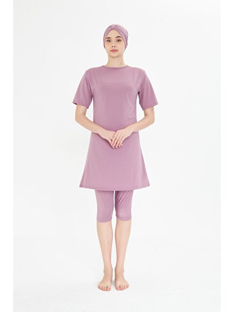 Fantasy Kısa Kollu Elastanlı Yarı Kapalı Tesettür Mayo Pembe 3484-P