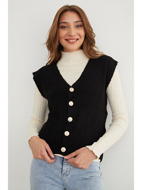 Fullamoda Sakallı Düğmeli V Yaka Oversize Yelek - S000435610-19351