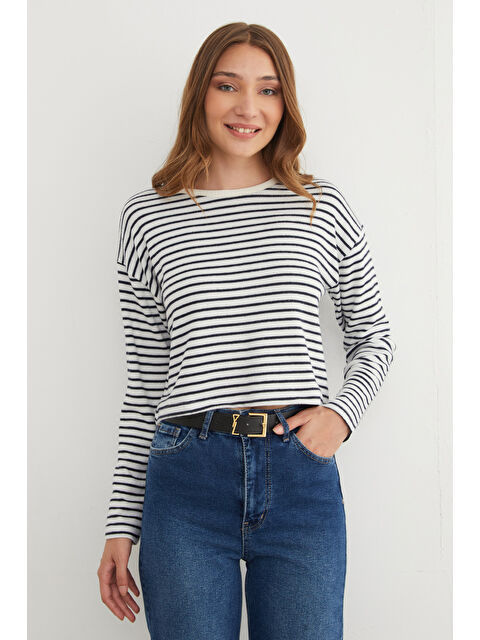 Fullamoda Çizgili Crop İnce Triko Kazak - S000432848-21164