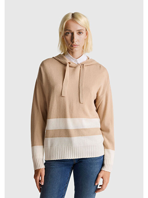 United Colors Of Benetton Kadın Bej Yün ve Kaşmir Karışımlı Kapüşonlu Kazak - S000489157-19928