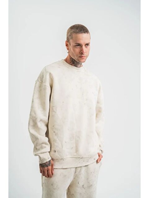 Jane's Erkek 3 İplik Pamuklu Yağ Yıkamalı Sweatshirt Double Oversize Bisiklet Yaka Uzun Kol - Krem