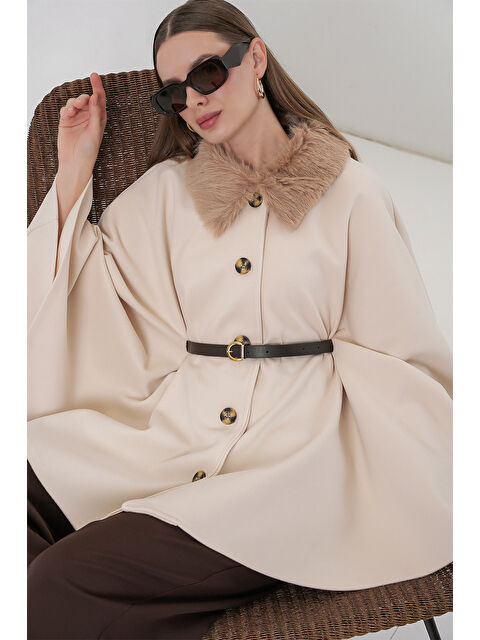 Bigdart Kadın Kemerli Kaşe Panço 9165 - Krem - S000466050-19966