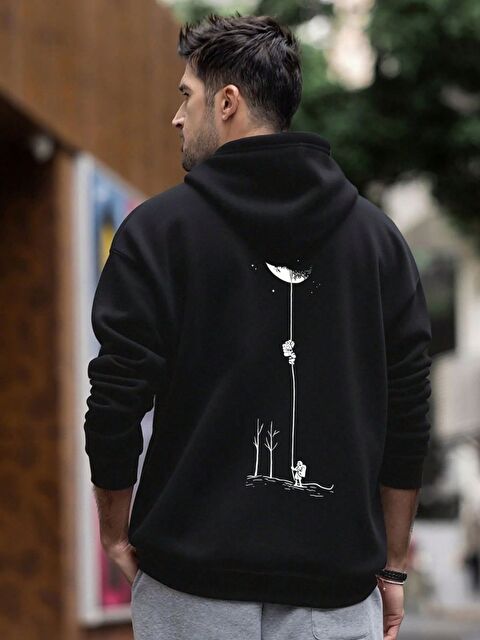 Trendseninle Unisex Erkek Kadın Aya Yolculuk Özel Baskı Regular Kapüşonlu Sweatshirt Siyah - S000497809-19351
