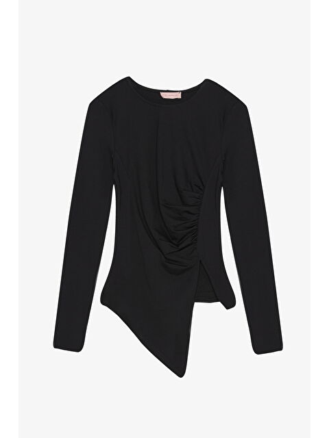 QUZU Drapeli Asimetrik Bluz Siyah - S000446703-19351