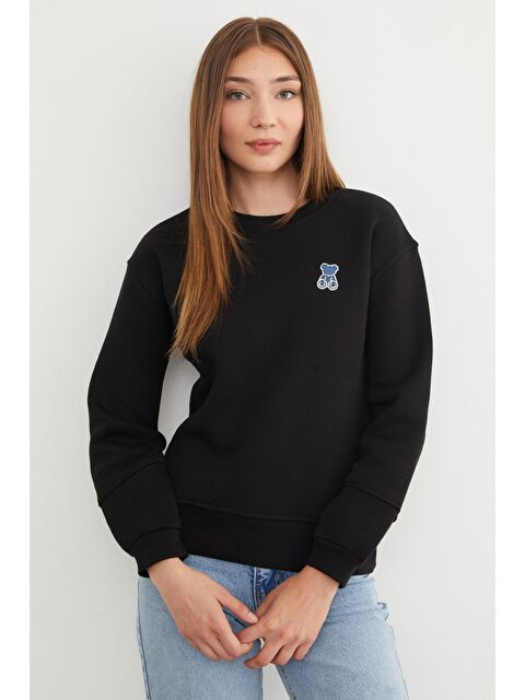 Fullamoda 3 İplik Taş İşlemeli Ayıcık Nakışlı Sweatshirt - S000435617-19351