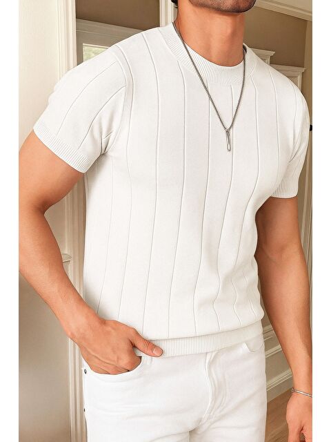 Tarz Cool Erkek Fit Dokulu Kısa Kollu Bisiklet Yaka Triko Tişört