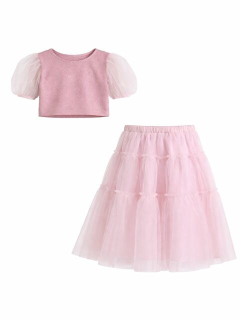 Magu Kız Çocuk Pamuklu Simli Tül Kollu Bluz Ve Kat Kat Tül Etek Takım - S000516557-20024