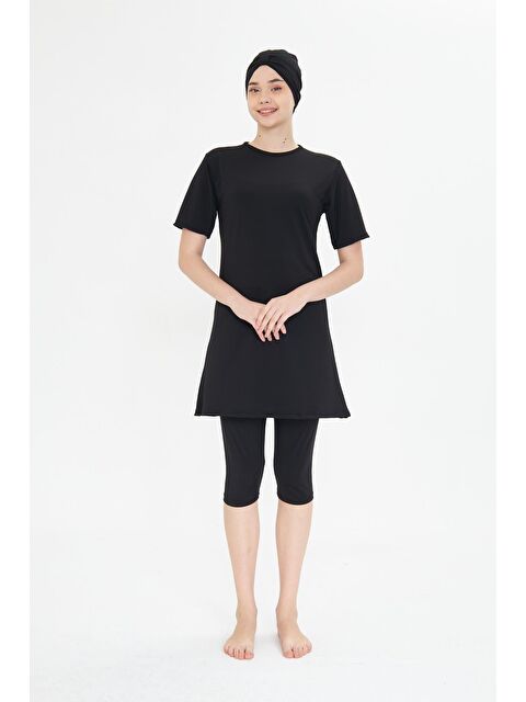 Fantasy Kısa Kollu Elastanlı Yarı Kapalı Tesettür Mayo Siyah 3484-S