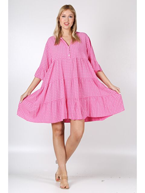 Chiccy İtalyan Pembe Hakim Yaka 3/4 Kol Desenli Düğmeli Dokuma Elbise