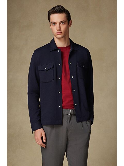 ABBATE Urbano Armür Overshirt Pamuklu Oversize Fit Lacivert Klasik Yaka Erkek Düz Gömlek - S000442069-21164