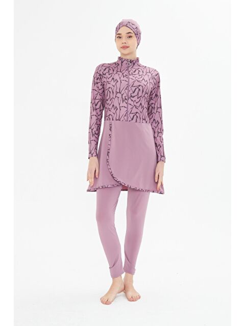 Fantasy Tam Kapalı Elastanlı Desenli Etekli Tesettür Mayo Pembe 3482-P