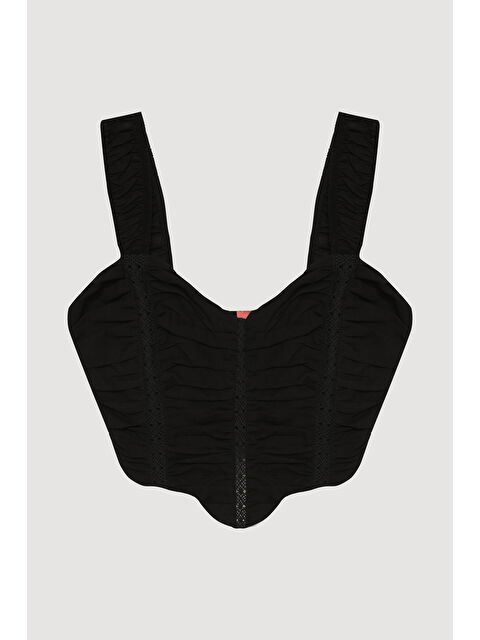 QUZU Dantel Detaylı Drapeli Crop Bluz Siyah - S000368319-19351