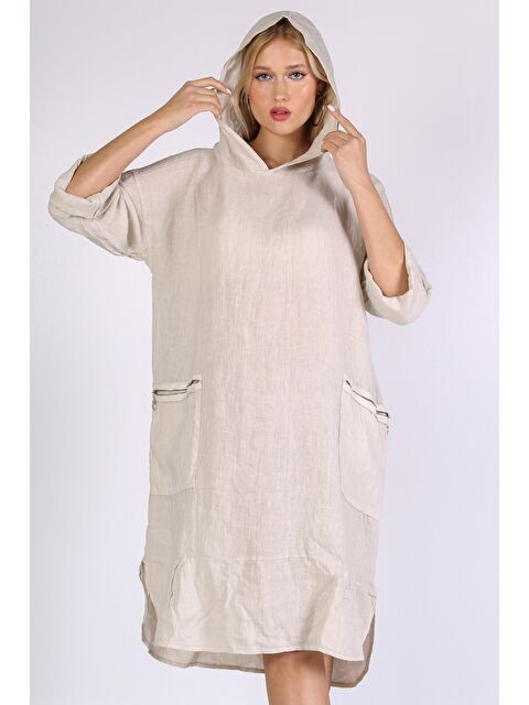 Chiccy İtalyan Bej 3/4 Kol Cepli Kapüşonlu Keten. Dokuma Elbise