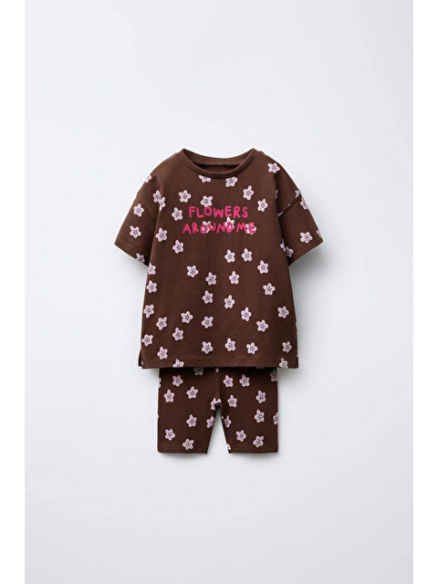 Magu Kız Çocuk Pamuklu Kahverengi Çiçek Desenli Tişört Tayt Takım