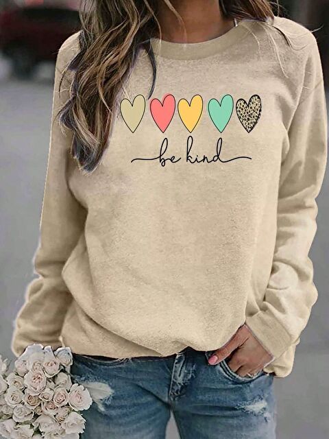 Trendseninle Kadın Bej Be Kind Baskılı Bisiklet Yaka Sweatshirt - S000487125-19927