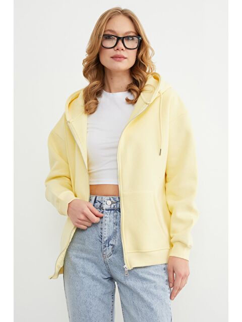 Fullamoda Basic Fermuarlı Kapüşonlu Oversize Sweatshirt - S000489164-20072