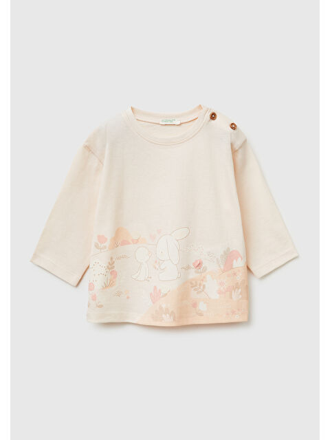 United Colors Of Benetton Bebek Omzu Ahşap Düğmeli Su Baskılı Nakışlı Uzun Kollu T-Shirt - S000517352-23173