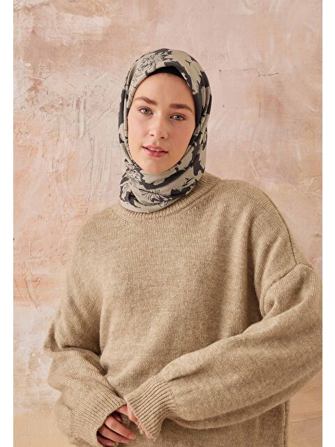 Fresh Scarfs Peony Desen Pamuk İpek Eşarp Vizon - S000423037-26429