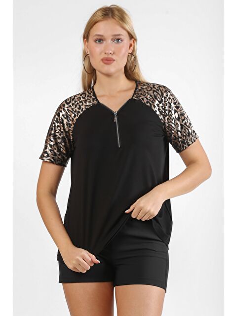 Chiccy Siyah Kısa Kol Leopar Desenli Fermuarlı Örme Bluz - S000468662-19351