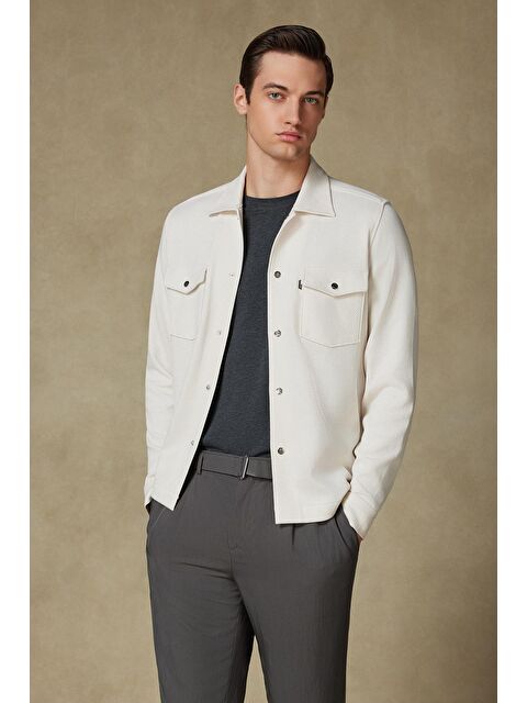 ABBATE Urbano Armür Overshirt Pamuklu Oversize Fit Ekru Klasik Yaka Erkek Düz Gömlek - S000442069-19965