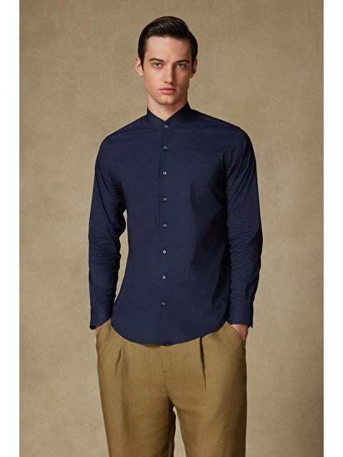 ABBATE Mao Poplin Stretch Pamuk Karışımlı Slim Fit Lacivert Hakim Yaka Erkek Düz Gömlek - S000442075-21164