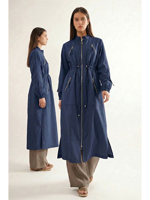 Remsa Hakim Yaka Beli Büzgülü Önden Fermuar Detaylı Safari Kap Ceket 822 Lacivert