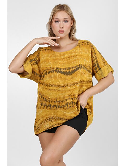 Chiccy İtalyan Hardal Yuvarlak Yaka 3/4 Kol Desenli Keten. Örme Bluz - S000468665-20074