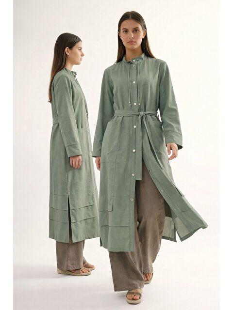 Remsa Yakası Bağcıklı Önden Çıtçıt Detay Safari Kap Ceket 811 Yeşil