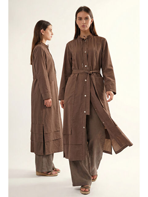 Remsa Yakası Bağcıklı Önden Çıtçıt Detay Safari Kap Ceket 811 Kahverengi