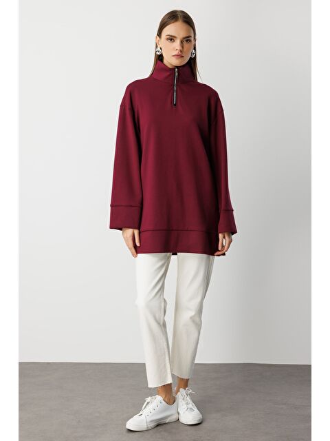 Mizalle Mürdüm Dik Yaka Yumuşak Dokulu Bordo Sweatshirt - S000487127-20036