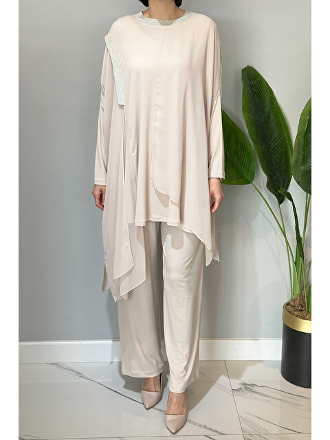 Nuss Tül Detaylı Pantolonlu Takım 3002 Bej - S000332748-19928