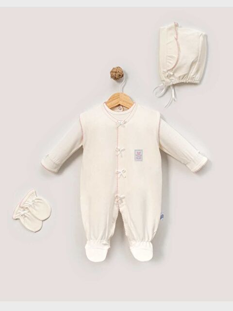 Jijek Kız Bebek Ekru Pamuklu Tulum Seti – Şapkalı Eldivenli Yenidoğan Hastane Çıkışı 4’lü Takım - S000531610-37577