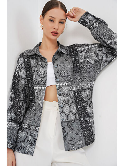 Bigdart Kadın Oversize Desenli Saten Gömlek 20365 - Antrasit - S000481335-29666