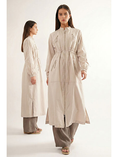 Remsa Hakim Yaka Beli Büzgülü Önden Fermuar Detaylı Safari Kap Ceket 822 Taş - S000530702-25636