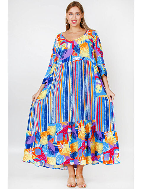 Chiccy Mavi Yuvarlak Yaka 3/4 Kol Desenli Allover Baskılı Geniş Kesim Dokuma Elbise