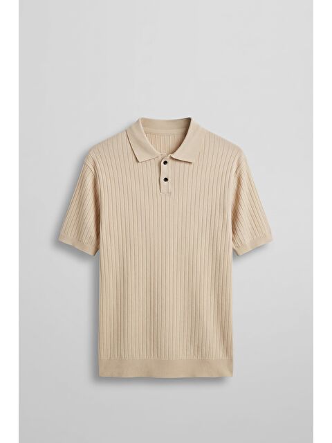 Abluka Online Erkek Relaxed Fit Fitilli Triko Polo Yaka T-Shirt Bej