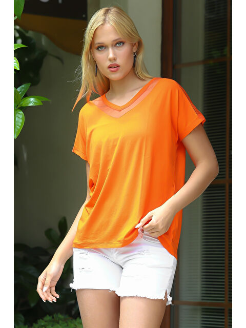 Chiccy Turuncu V Yaka Düşük Kol File Örme Bluz - S000468671-20013